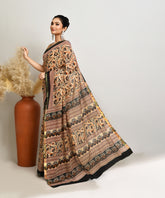 Cream-Black Pure Bagru Kalamkari Printed Sico Chanderi Saree
